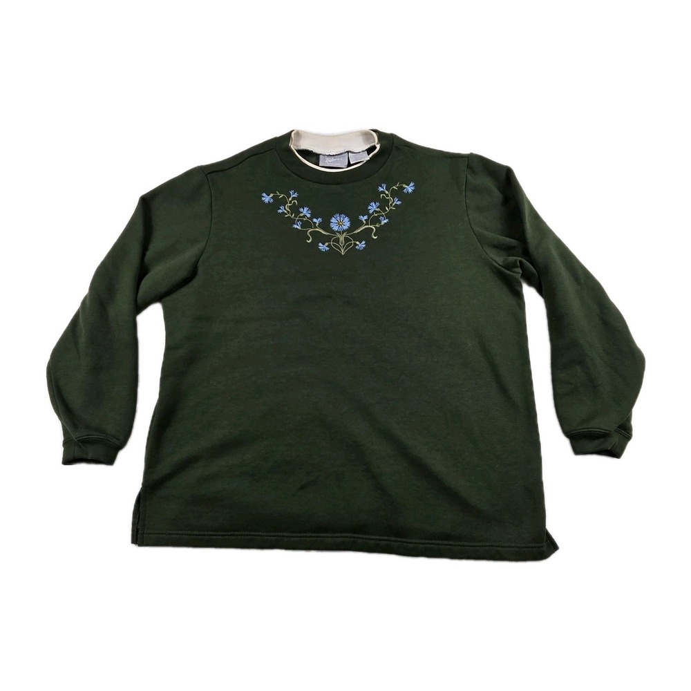 Blair Vintage Pullover Sweater Women's Size Large Green Floral Embroidered